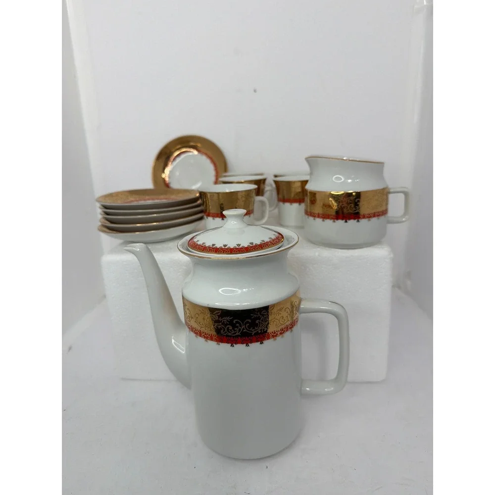 Vintage Epiag Czechoslovakia Porcelain Coffee Tea Set Gold Red 13 Piece Set